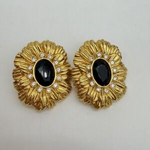 Vtg KJL for Avon Sunflower Earrings Goldtone Clear & Black Rhinestone Clip on